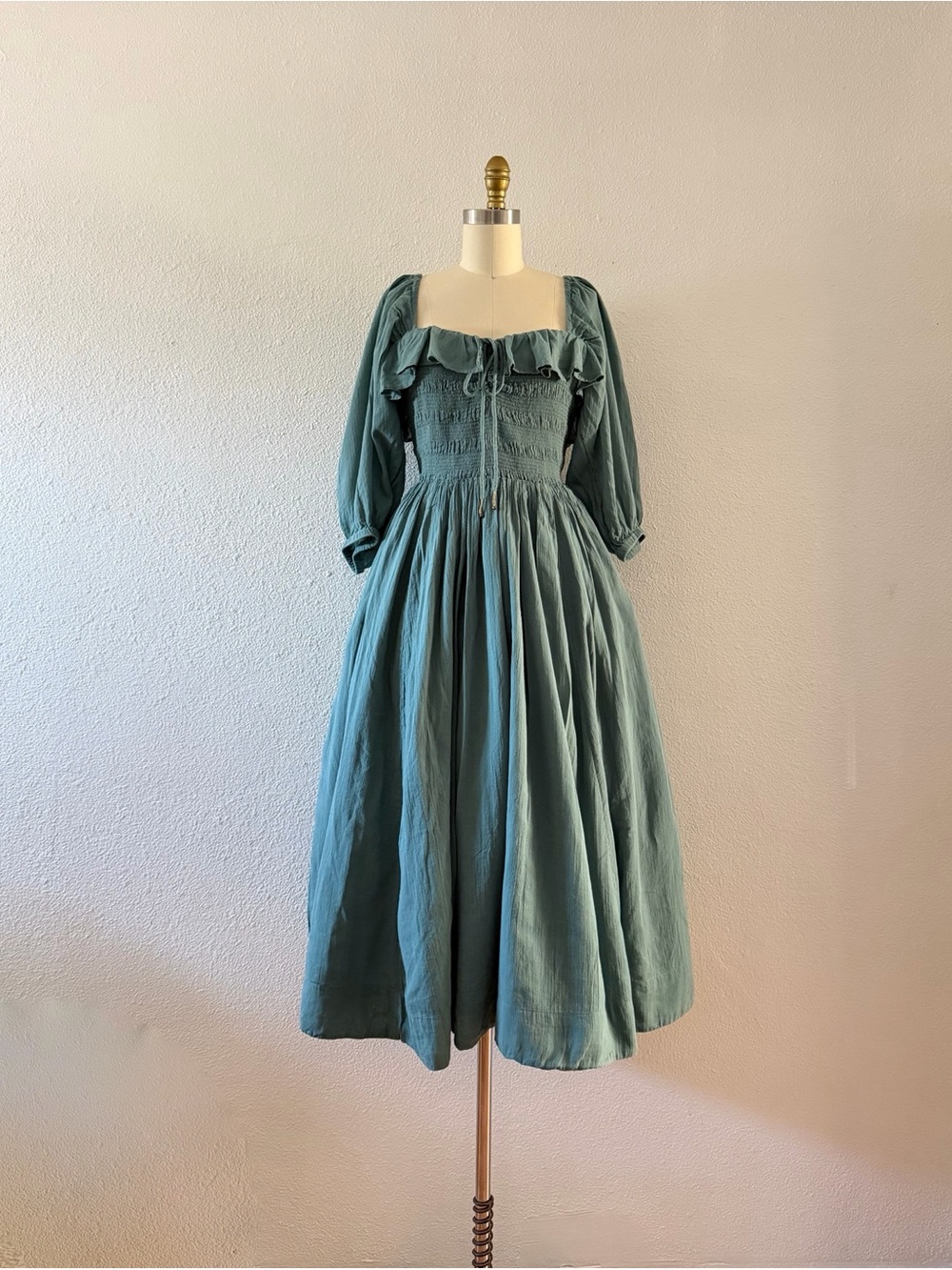 Free People Dusty Teal Smocked Midi Dress with Ruffle Neck